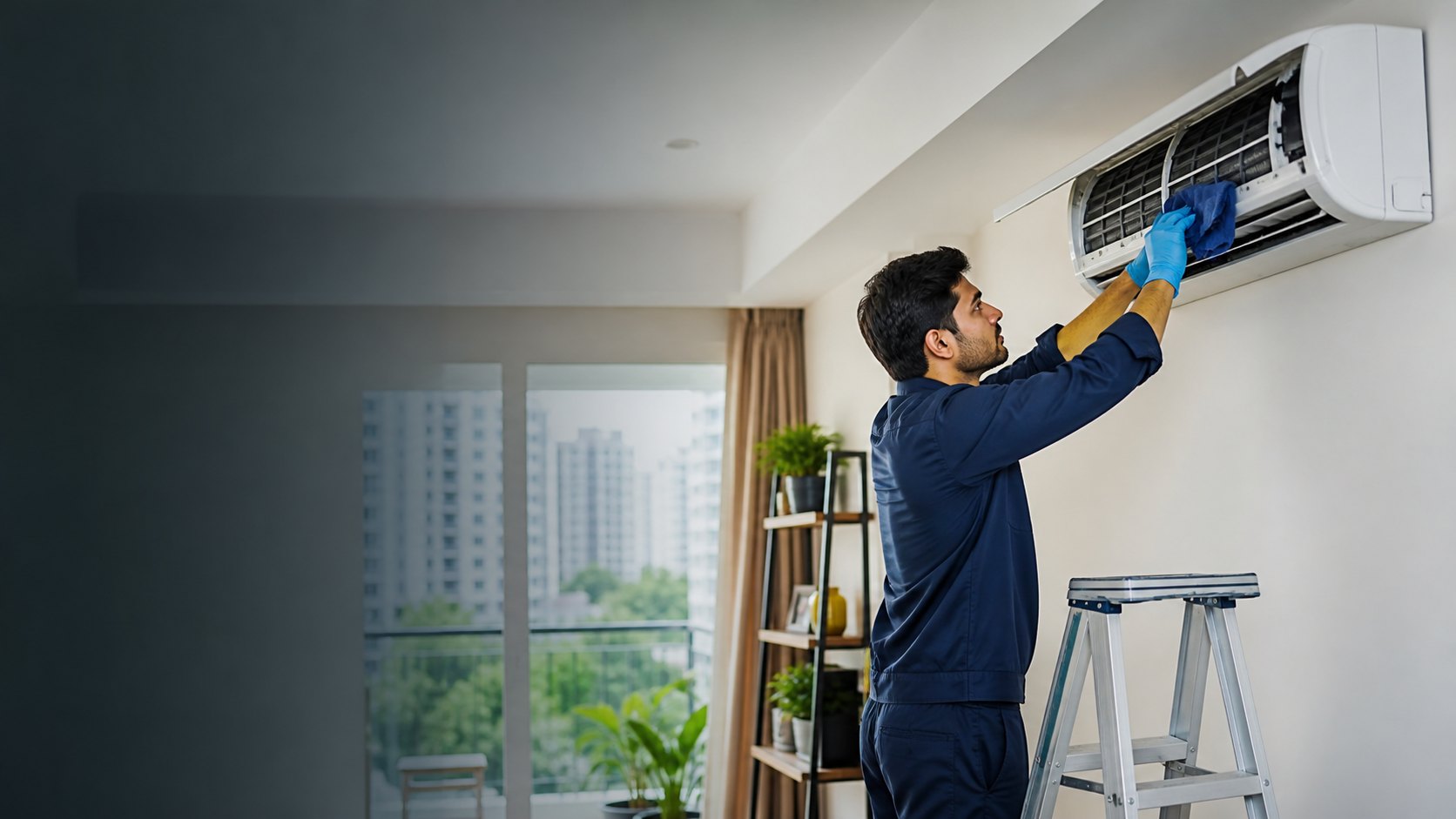 Representative image of a technician servicing a split air conditioner